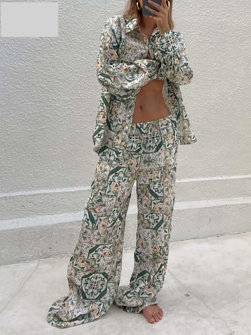 2 Piece Oversized Printed Long Sleeve Button Down Shirt And Pant Set