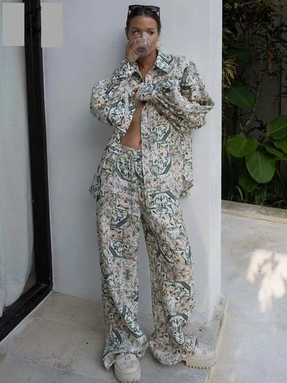 2 Piece Oversized Printed Long Sleeve Button Down Shirt And Pant Set