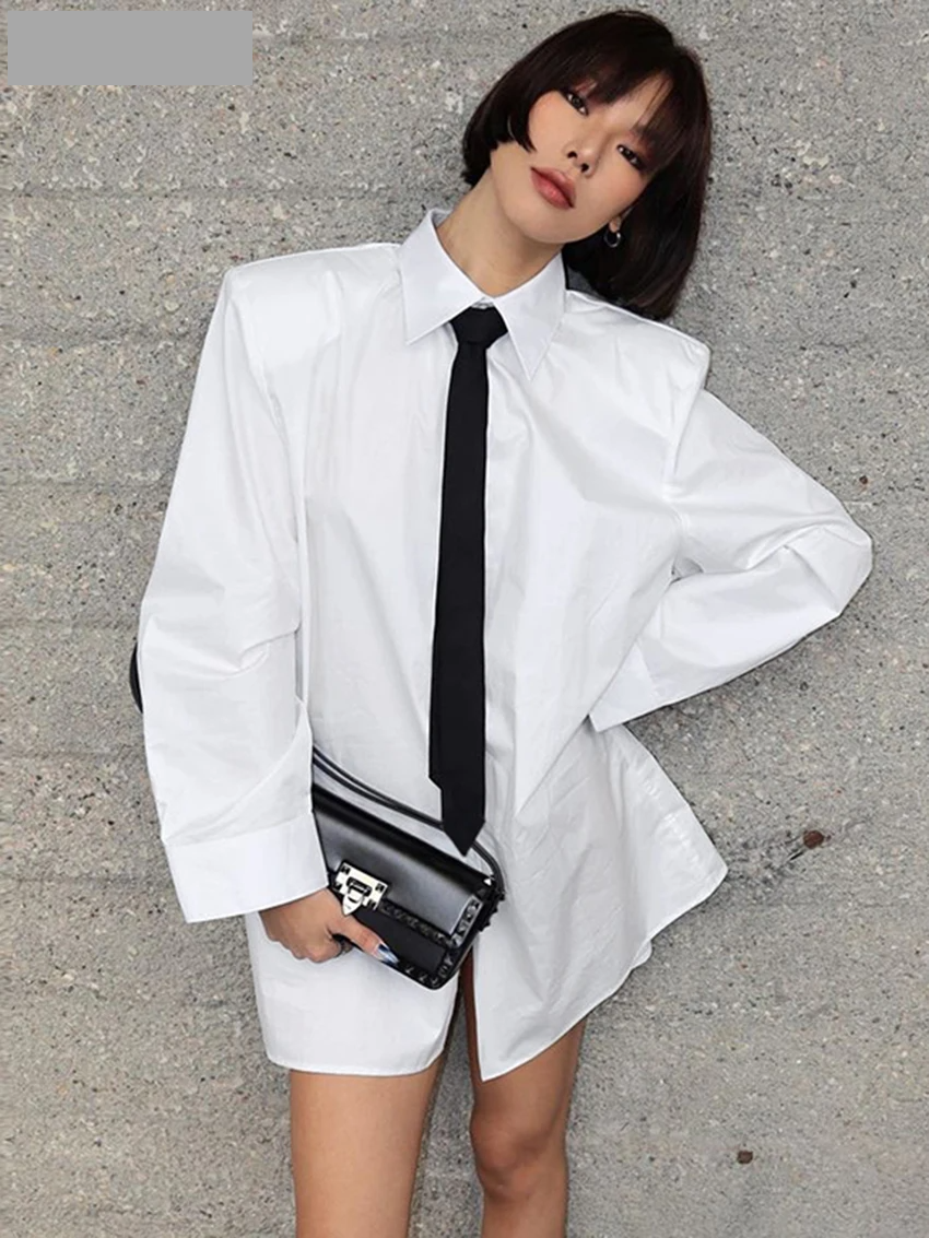 Long-Sleeved Button Down Dress Shirt Padded Shoulders and Tie