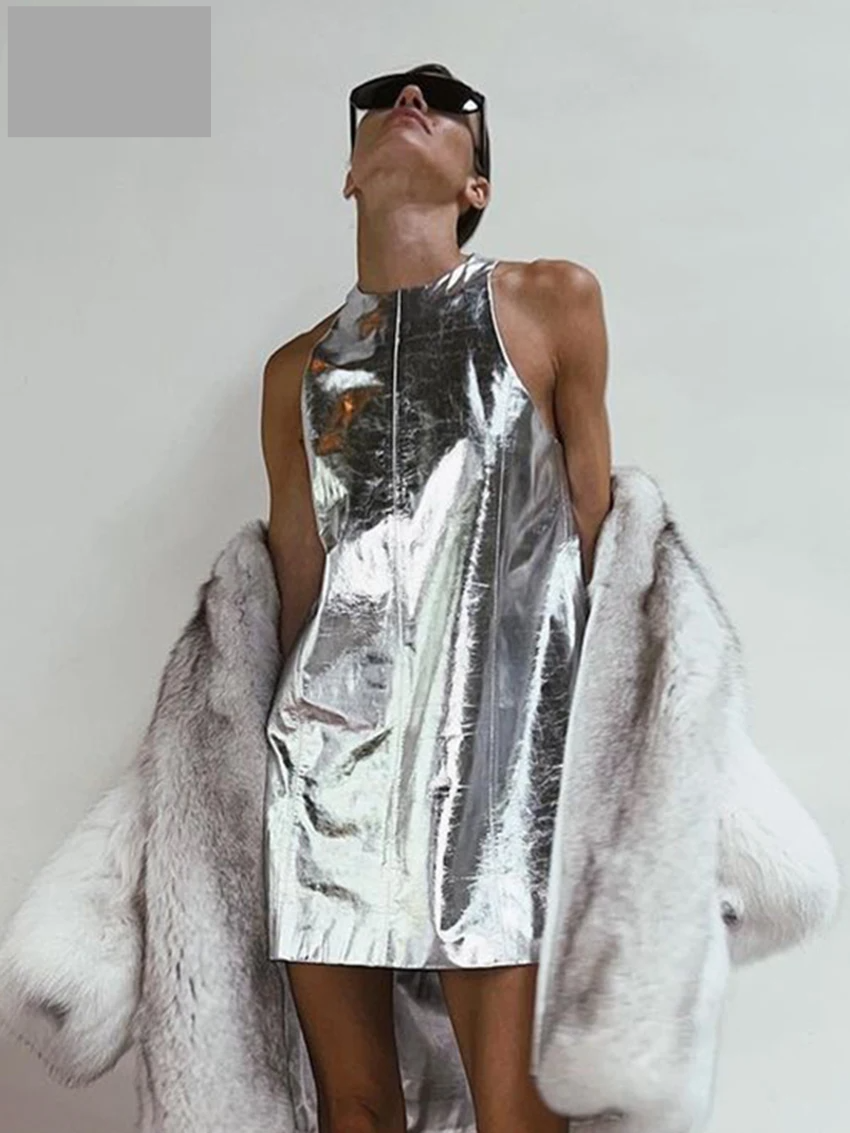 Metallic Silver Sleeveless Party Dress