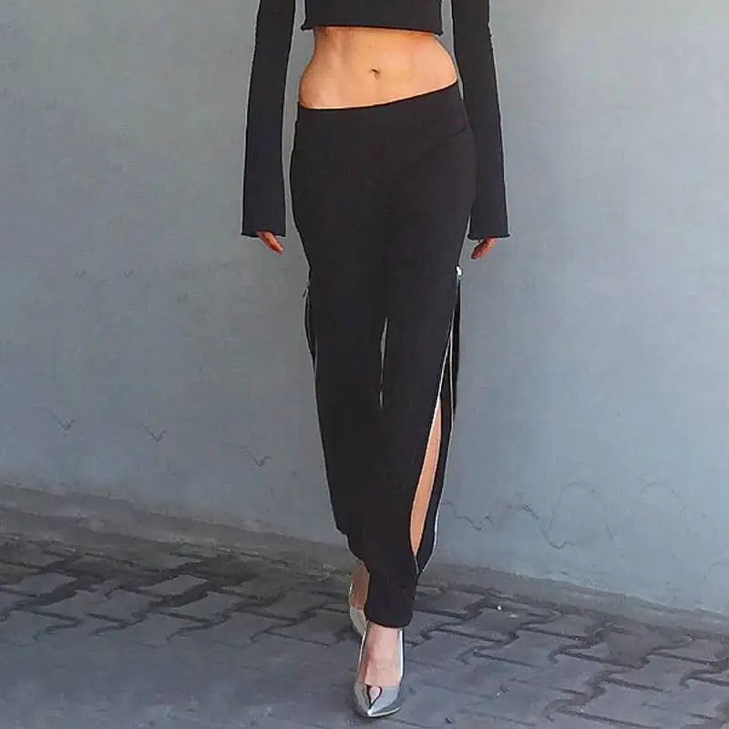 Black Casual High/Mid Waist Cuffed Pant with Side Zipper