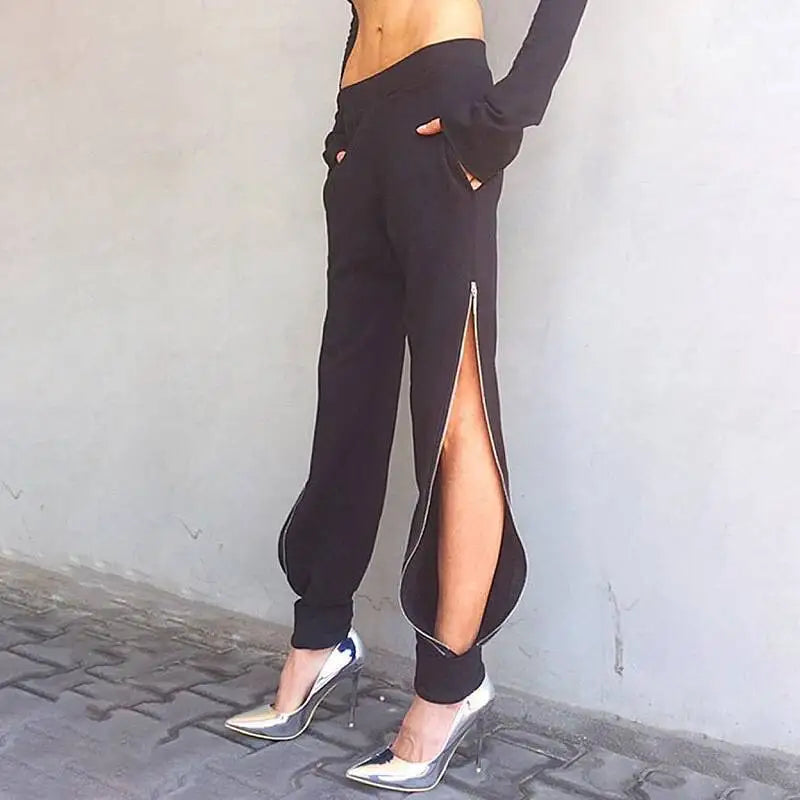 Black Casual High/Mid Waist Cuffed Pant with Side Zipper