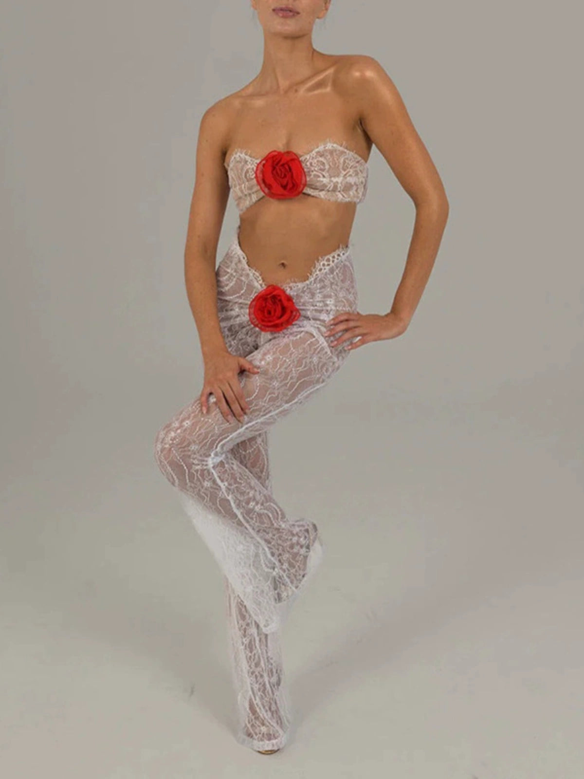 See Through Lace Bandeau and Pant 2 Piece Set with Rose/Camellia Flower