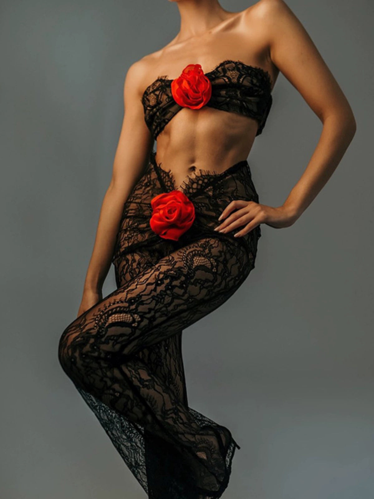 See Through Lace Bandeau and Pant 2 Piece Set with Rose/Camellia Flower