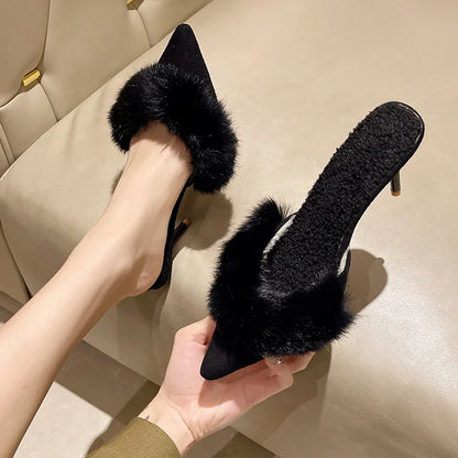 Pointed Toe Boucle Faux Fur Slip On Heels