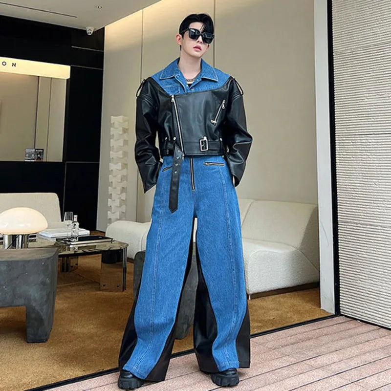 2 Piece Denim and Genuine Leather Cropped Jacket and Straight Leg Pant Set