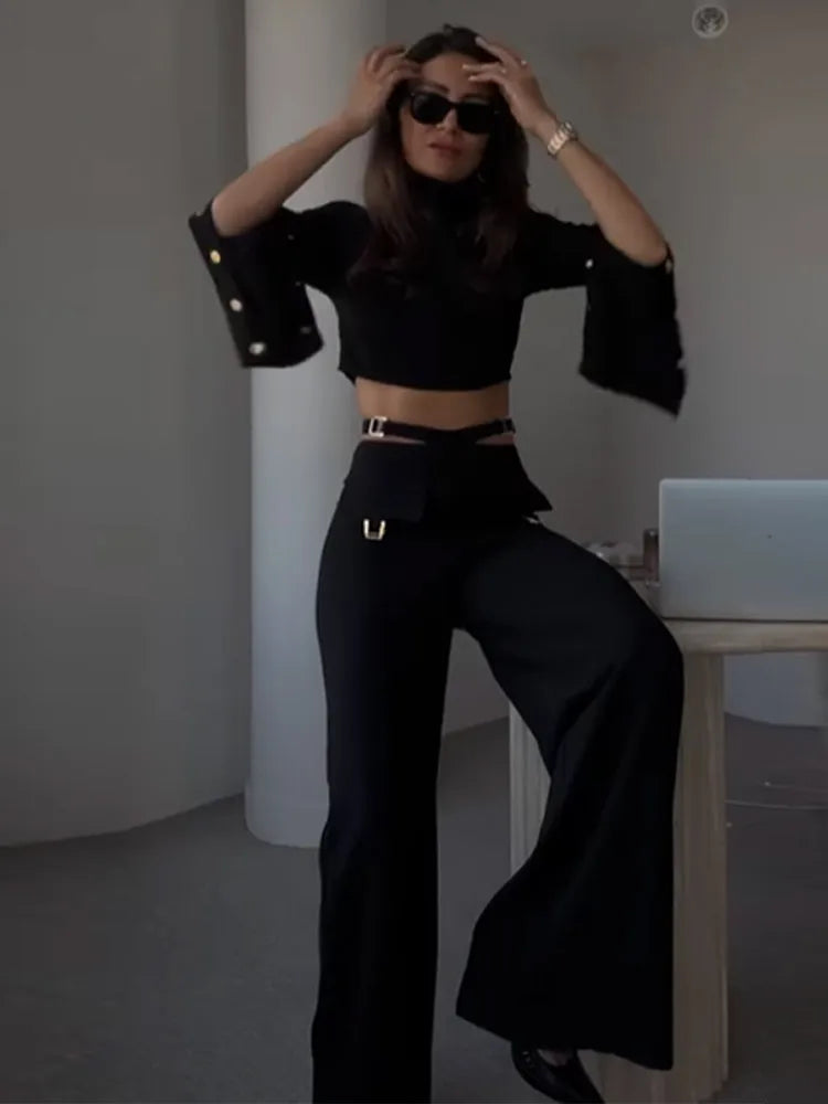 Turtleneck Crop Top with Button Down Sleeve with Cut Out Pocketed Wide Leg Pant 2 Piece Set