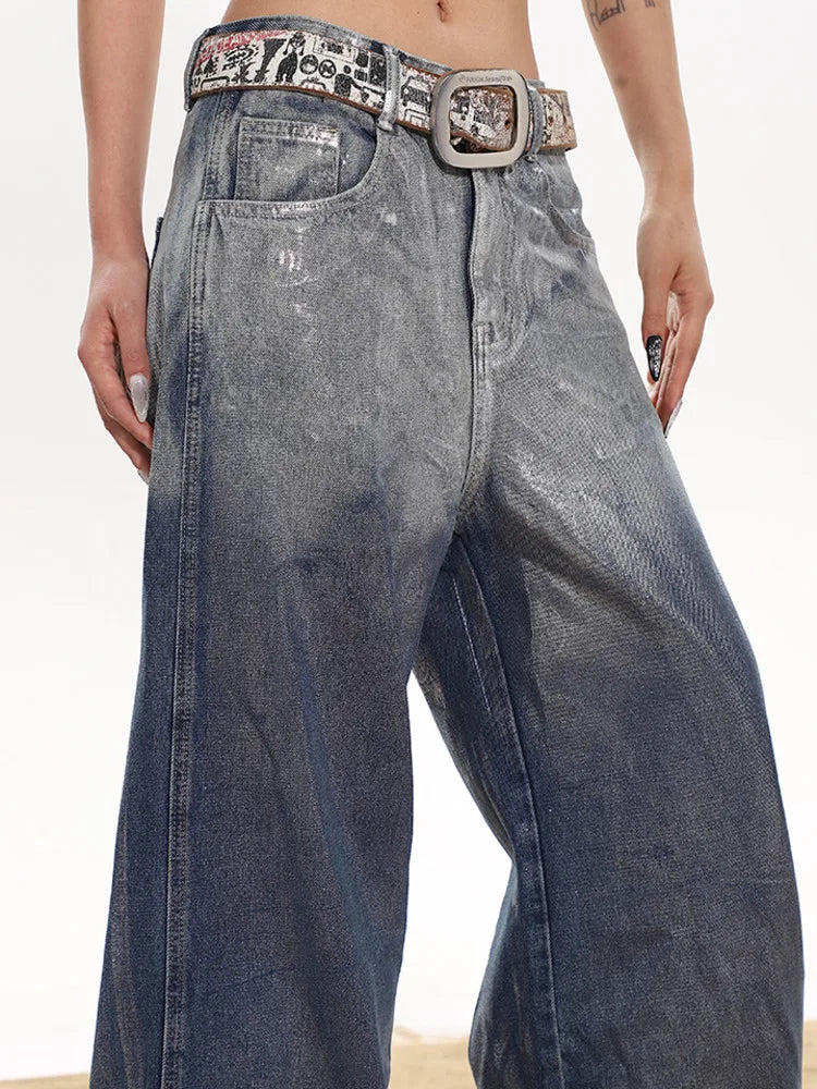 Wide Leg Ombre Metallic Coated Denim Jeans