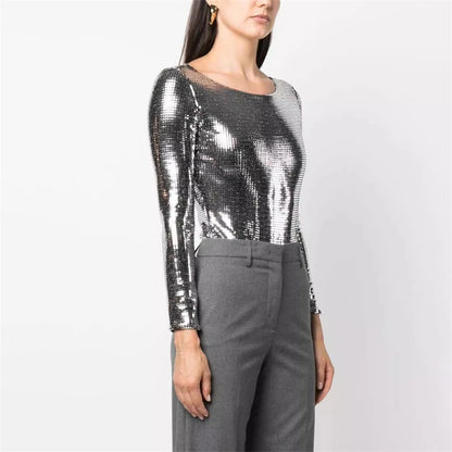 Sexy Sequined Metallic Stretch Bodysuit with Shoulder Pads