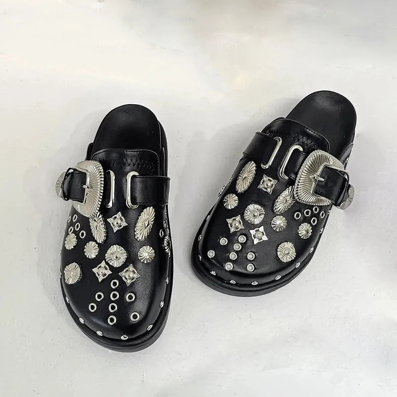 Faux Leather Slides with Buckles and Rivets