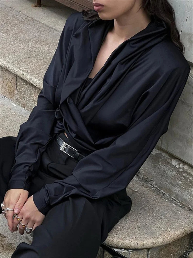 Cropped Satin Criss Cross Batwing Sleeve Hoodie