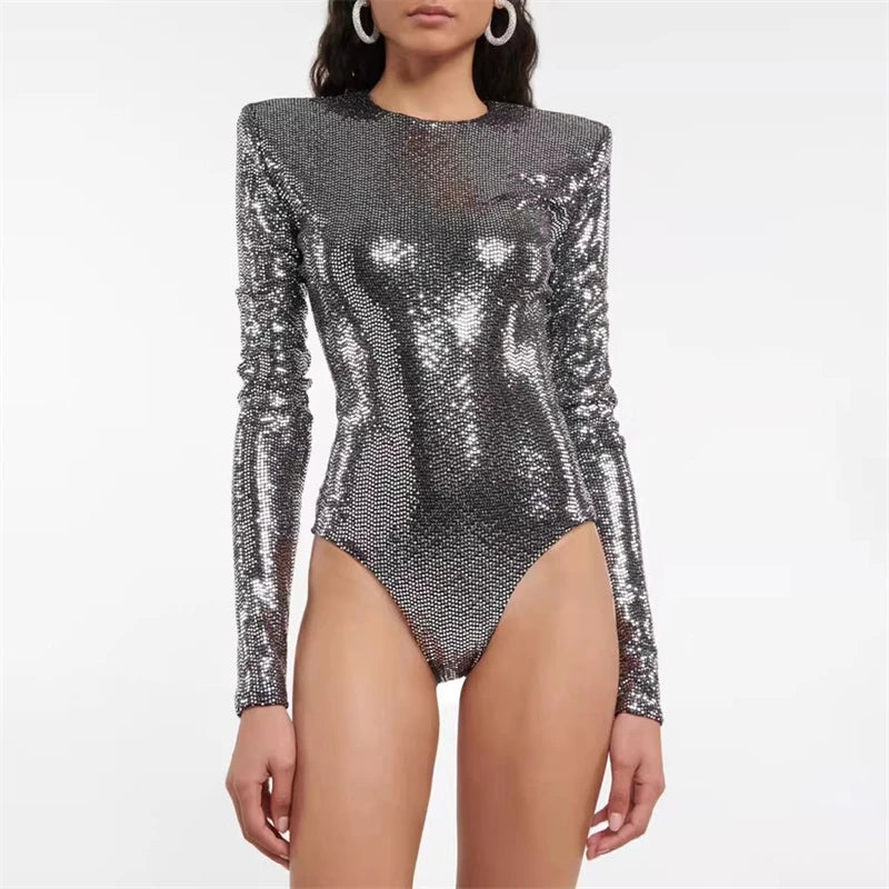 Sexy Sequined Metallic Stretch Bodysuit with Shoulder Pads