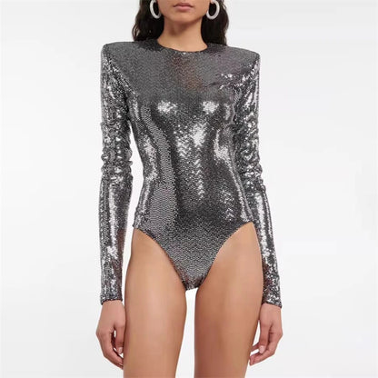 Sexy Sequined Metallic Stretch Bodysuit with Shoulder Pads