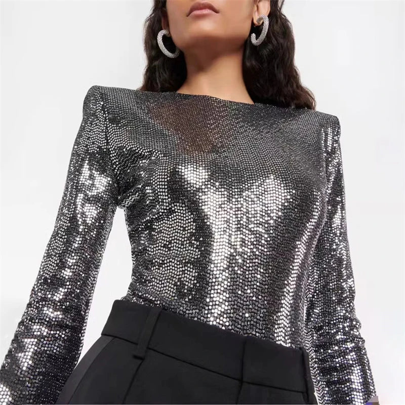 Sexy Sequined Metallic Stretch Bodysuit with Shoulder Pads