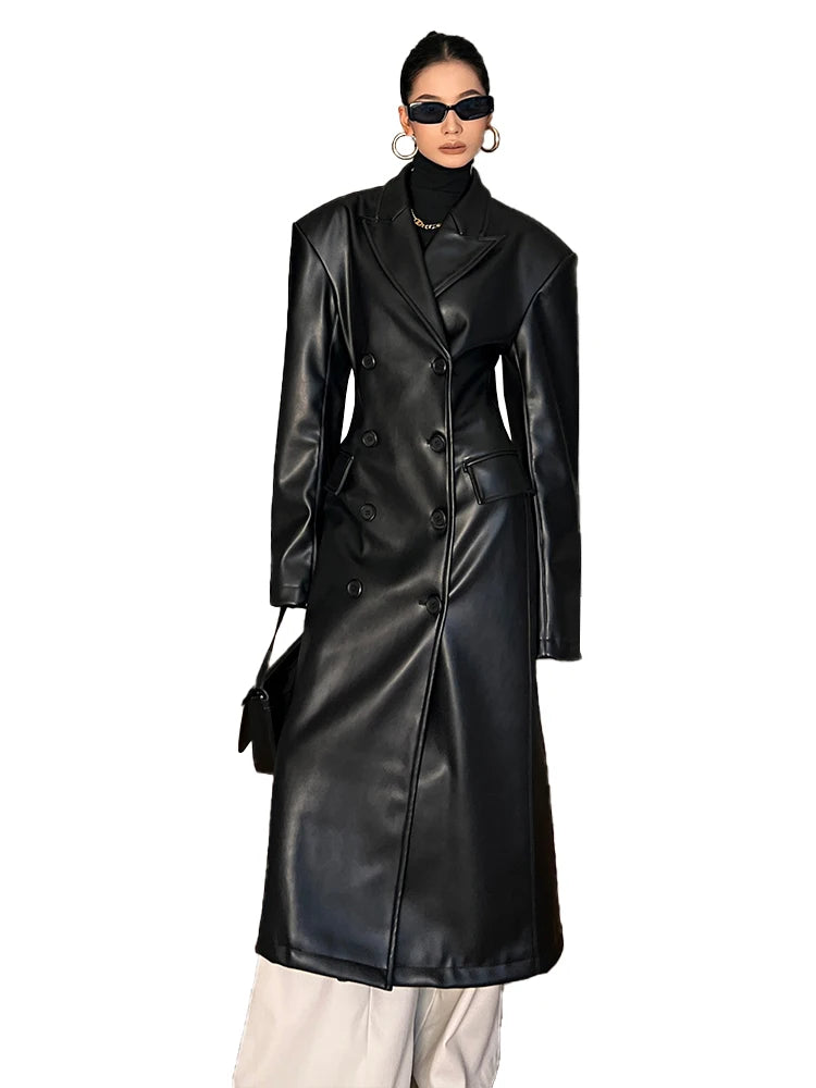 Long Black Fitted Double Breasted Vegan Leather Trench Coat for Women with Shoulder Pads