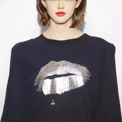 Metallic Lips Crew Neck Tee with Padded Shoulders