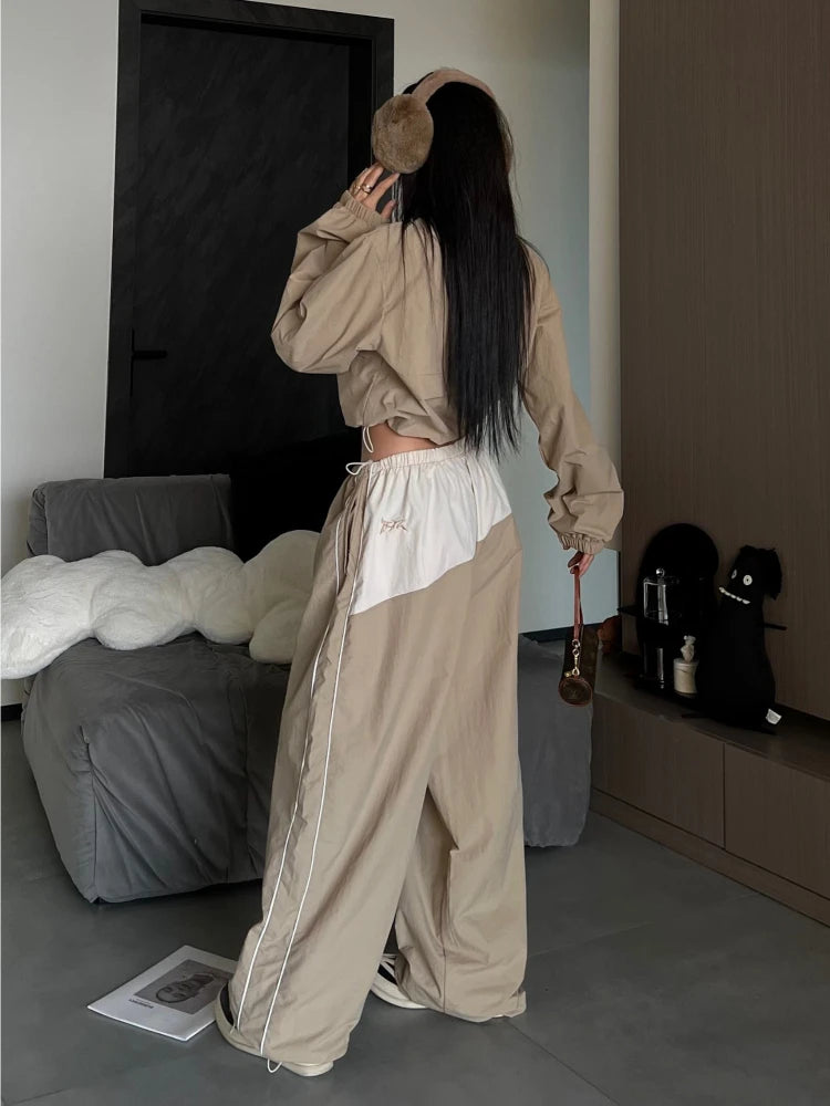 Tracksuit- Stand Up Zip Collar Cropped Pullover Jacket and Baggy Wide Leg Pant- 2 Piece Set