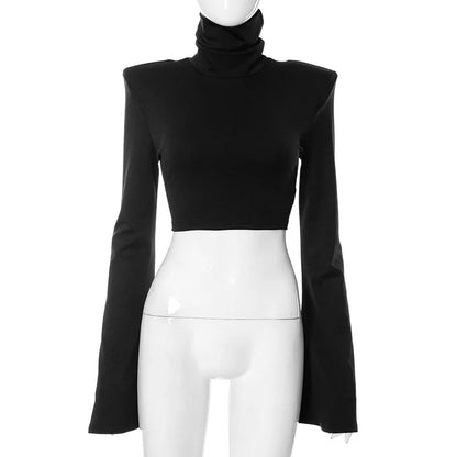 Cropped Long Sleeved Turtleneck with Padded Shoulders