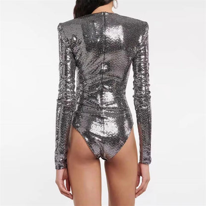 Sexy Sequined Metallic Stretch Bodysuit with Shoulder Pads