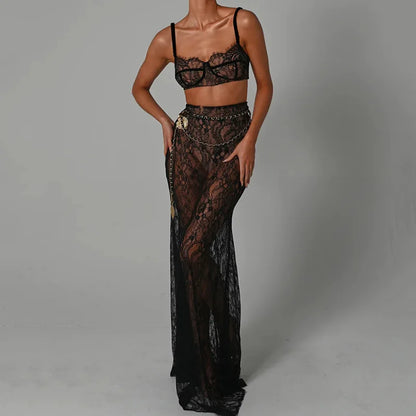 Sexy Lace See Through Sleeveless Backless Bralette Long Skirt 2 Piece Set