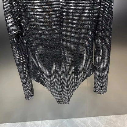 Sexy Sequined Metallic Stretch Bodysuit with Shoulder Pads