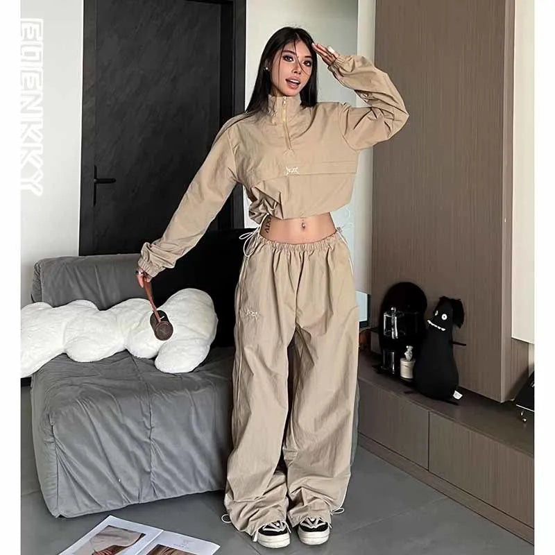 Tracksuit- Stand Up Zip Collar Cropped Pullover Jacket and Baggy Wide Leg Pant- 2 Piece Set