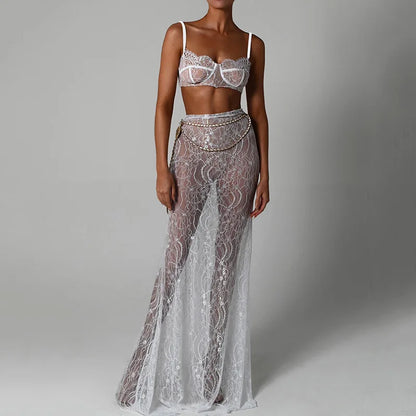 Sexy Lace See Through Sleeveless Backless Bralette Long Skirt 2 Piece Set