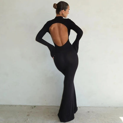 Solid Backless Half Turtleneck Maxi Dress with Trumpet Sleeves