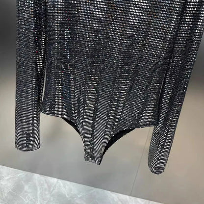 Sexy Sequined Metallic Stretch Bodysuit with Shoulder Pads