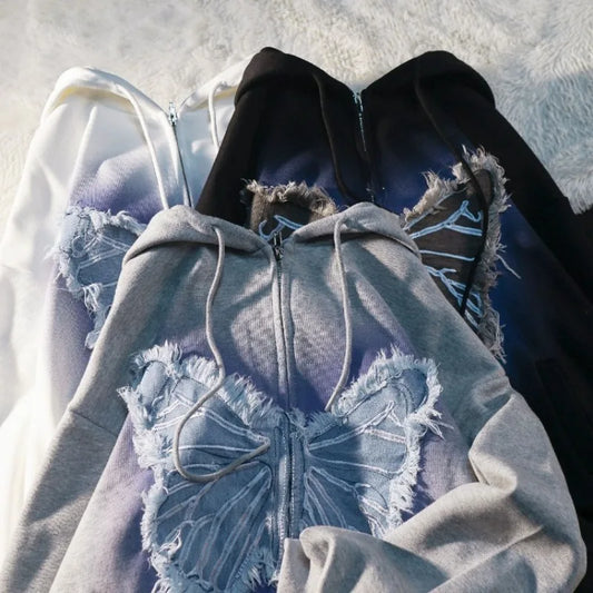 Y2K Fringed Ombre Butterfly Hoodie