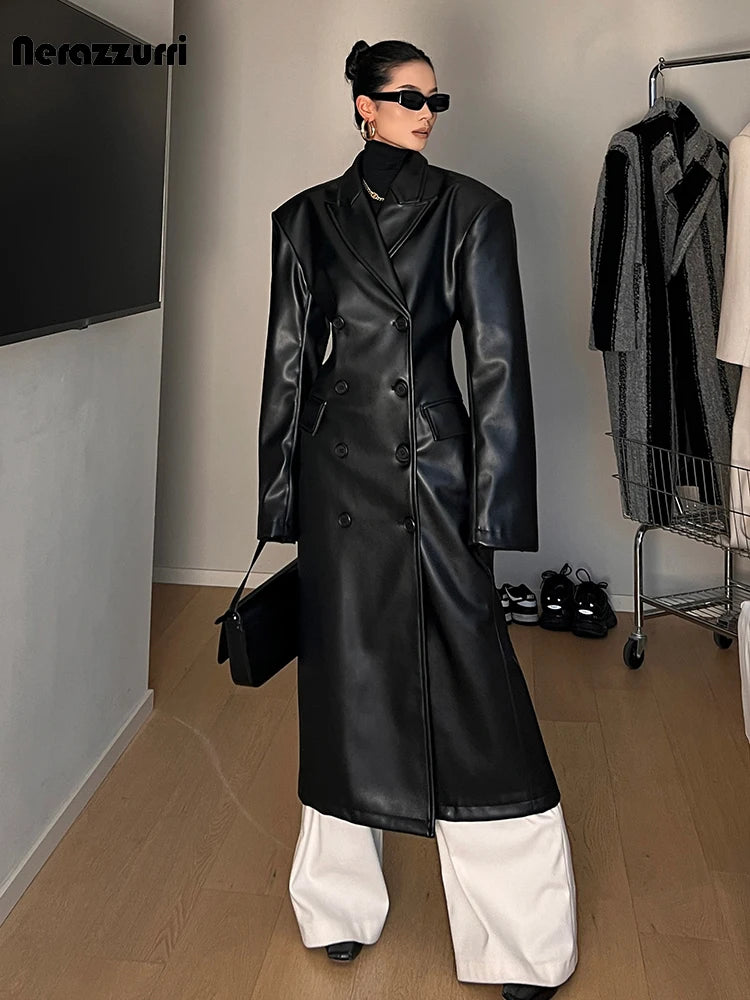 Long Black Fitted Double Breasted Vegan Leather Trench Coat for Women with Shoulder Pads