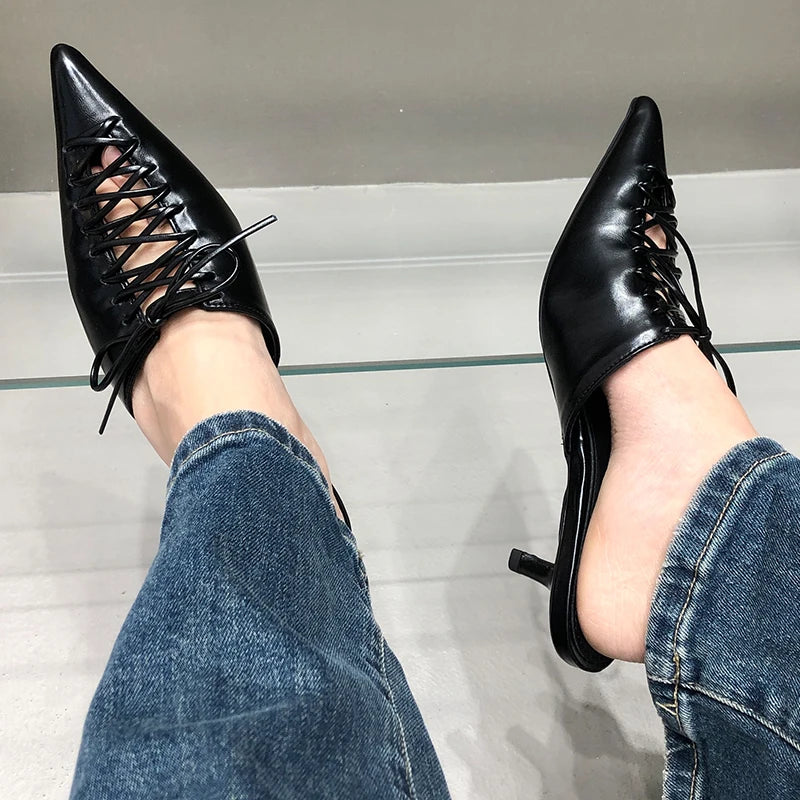 Pointy Lace up Kitten Heel Slides