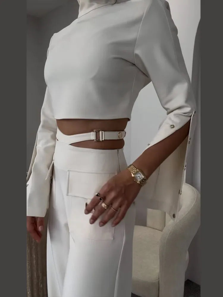 Turtleneck Crop Top with Button Down Sleeve with Cut Out Pocketed Wide Leg Pant 2 Piece Set