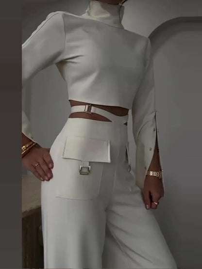 Turtleneck Crop Top with Button Down Sleeve with Cut Out Pocketed Wide Leg Pant 2 Piece Set