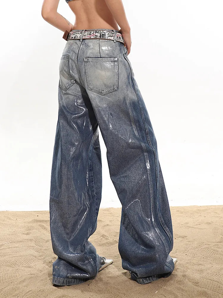 Wide Leg Ombre Metallic Coated Denim Jeans