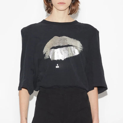 Metallic Lips Crew Neck Tee with Padded Shoulders