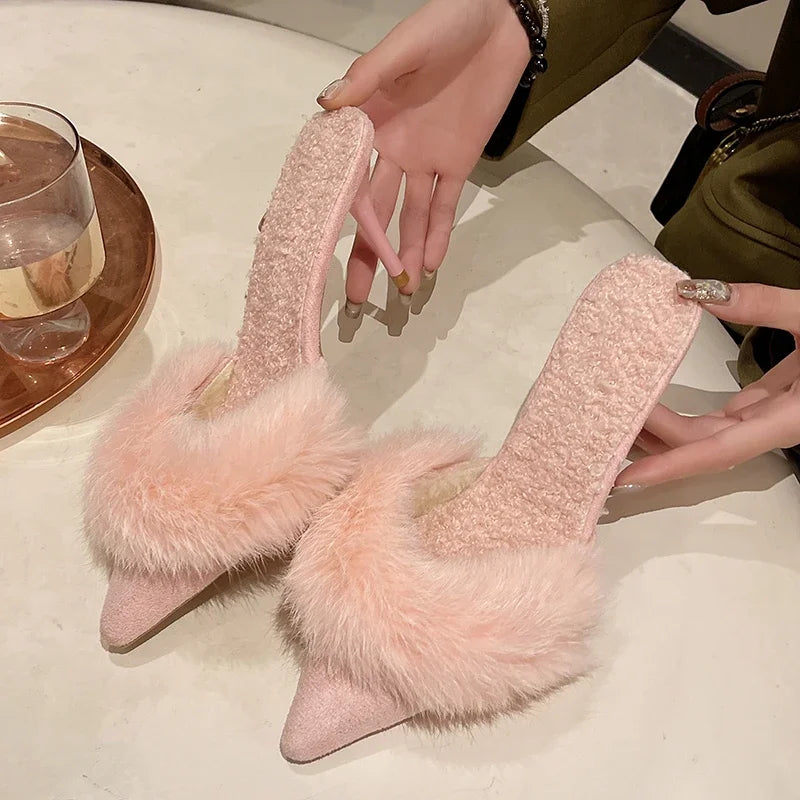 Pointed Toe Boucle Faux Fur Slip On Heels