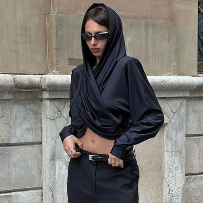 Cropped Satin Criss Cross Batwing Sleeve Hoodie