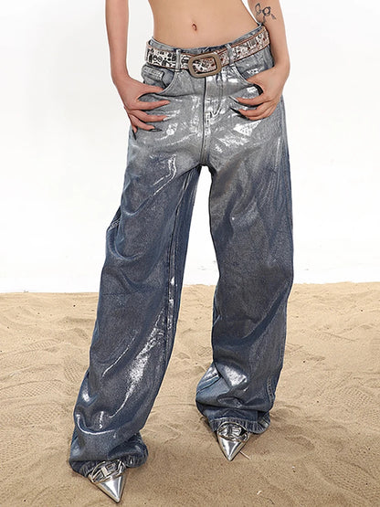 Wide Leg Ombre Metallic Coated Denim Jeans