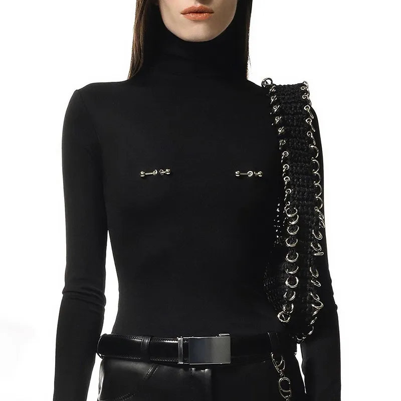 Long Sleeved Turtleneck Sweater with Faux Nipple Piercing Applique