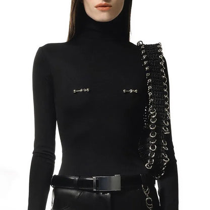 Long Sleeved Turtleneck Sweater with Faux Nipple Piercing Applique