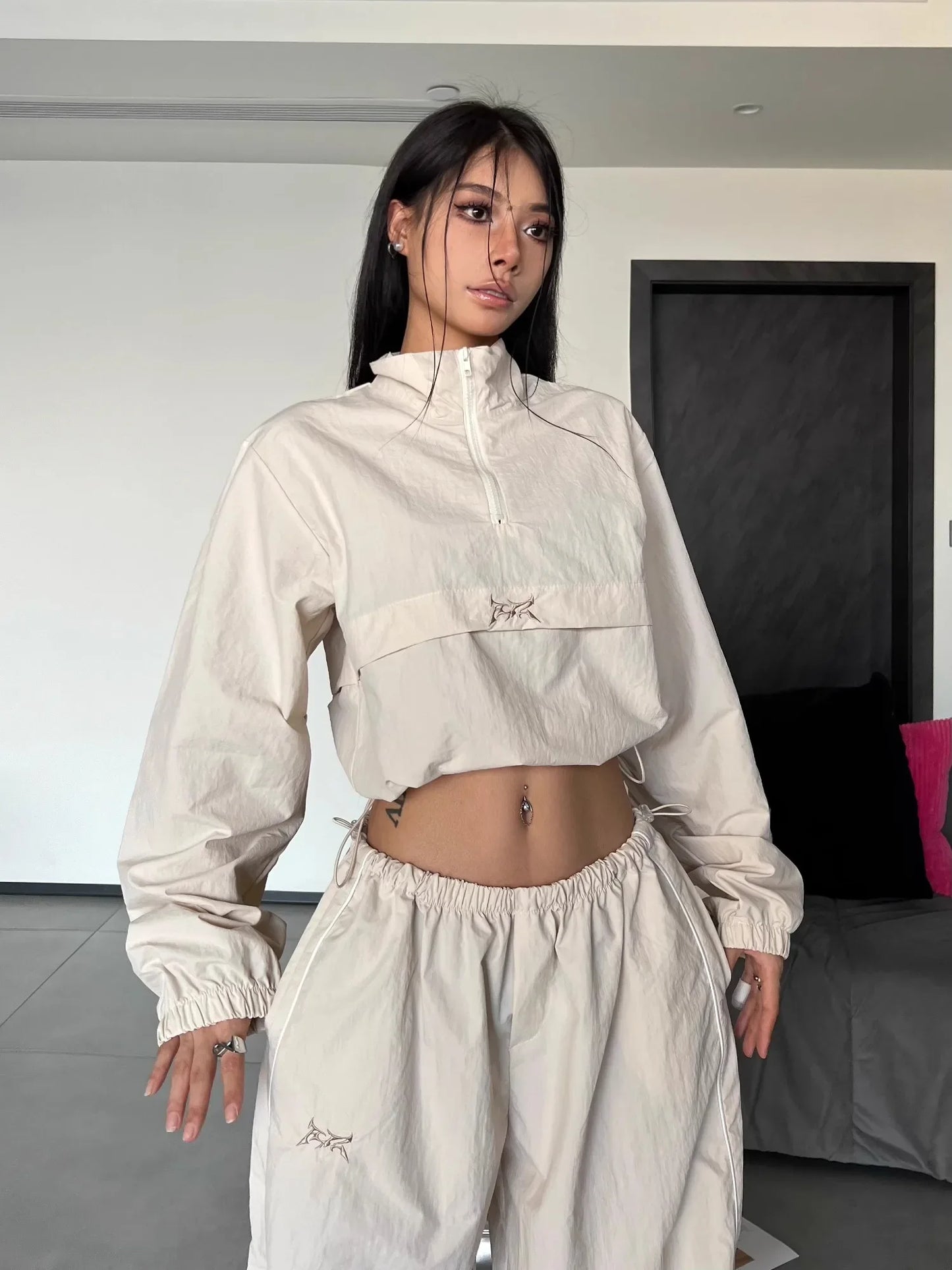 Tracksuit- Stand Up Zip Collar Cropped Pullover Jacket and Baggy Wide Leg Pant- 2 Piece Set