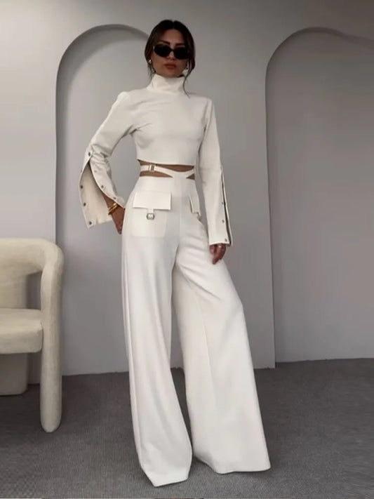 Turtleneck Crop Top with Button Down Sleeve with Cut Out Pocketed Wide Leg Pant 2 Piece Set