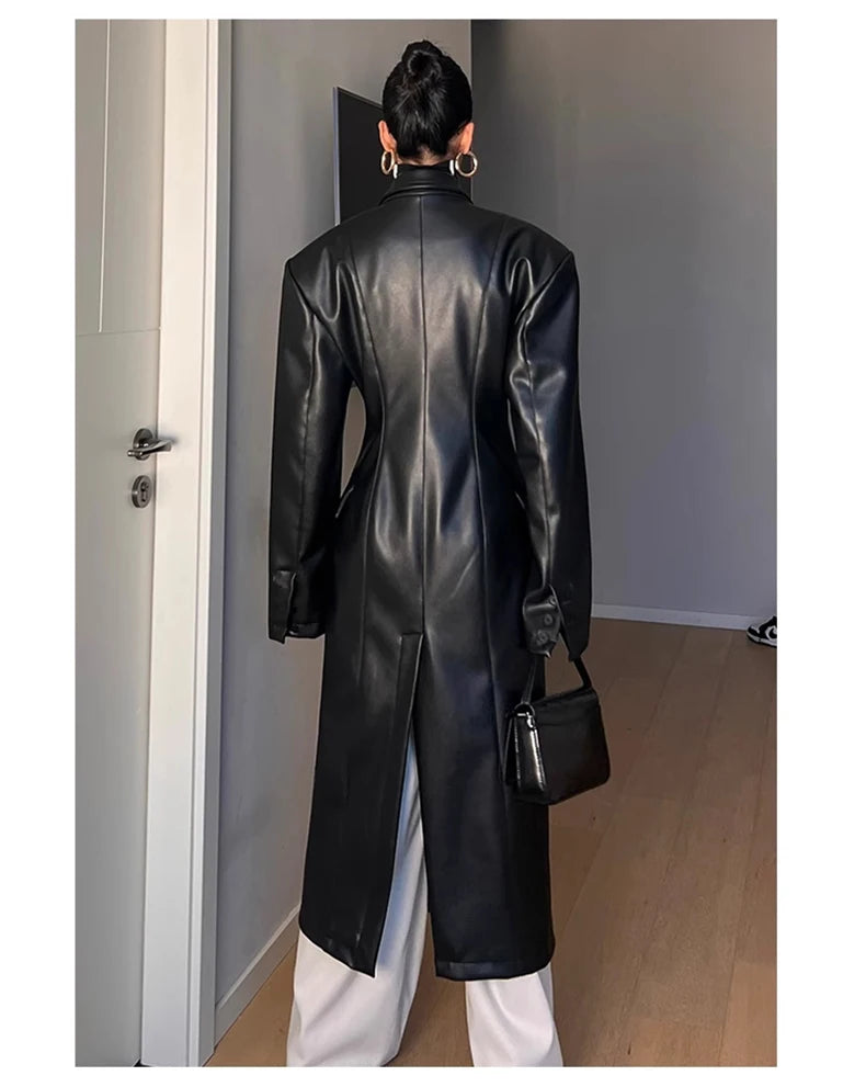 Long Black Fitted Double Breasted Vegan Leather Trench Coat for Women with Shoulder Pads