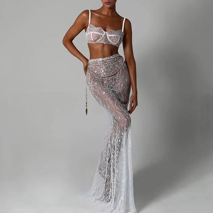 Sexy Lace See Through Sleeveless Backless Bralette Long Skirt 2 Piece Set