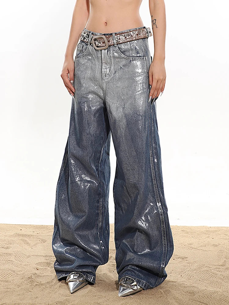 Wide Leg Ombre Metallic Coated Denim Jeans