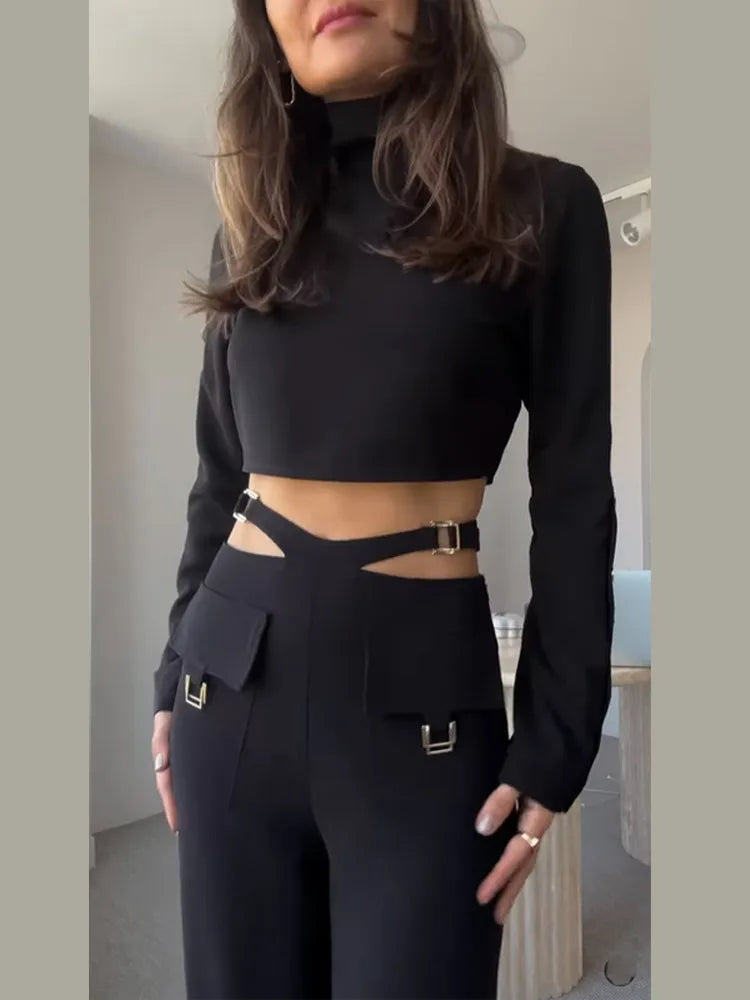 Turtleneck Crop Top with Button Down Sleeve with Cut Out Pocketed Wide Leg Pant 2 Piece Set