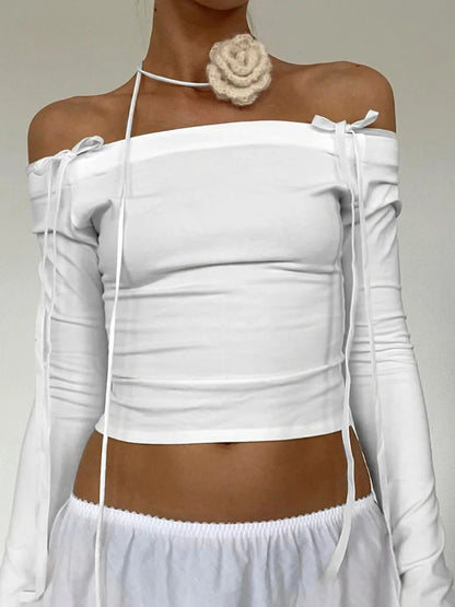 Lace up Bow Tie Off Shoulder Long Sleeve Y2k Top