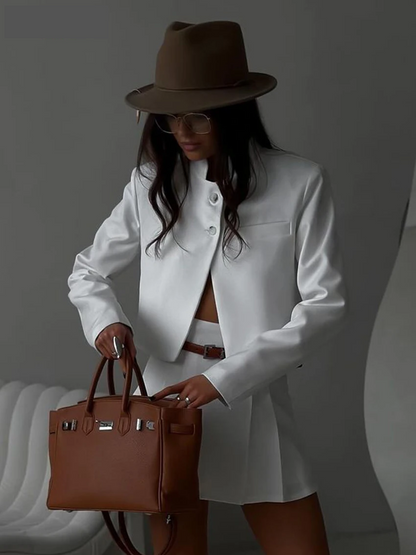 White Cropped Blazer and Pleated Mini skirt Set