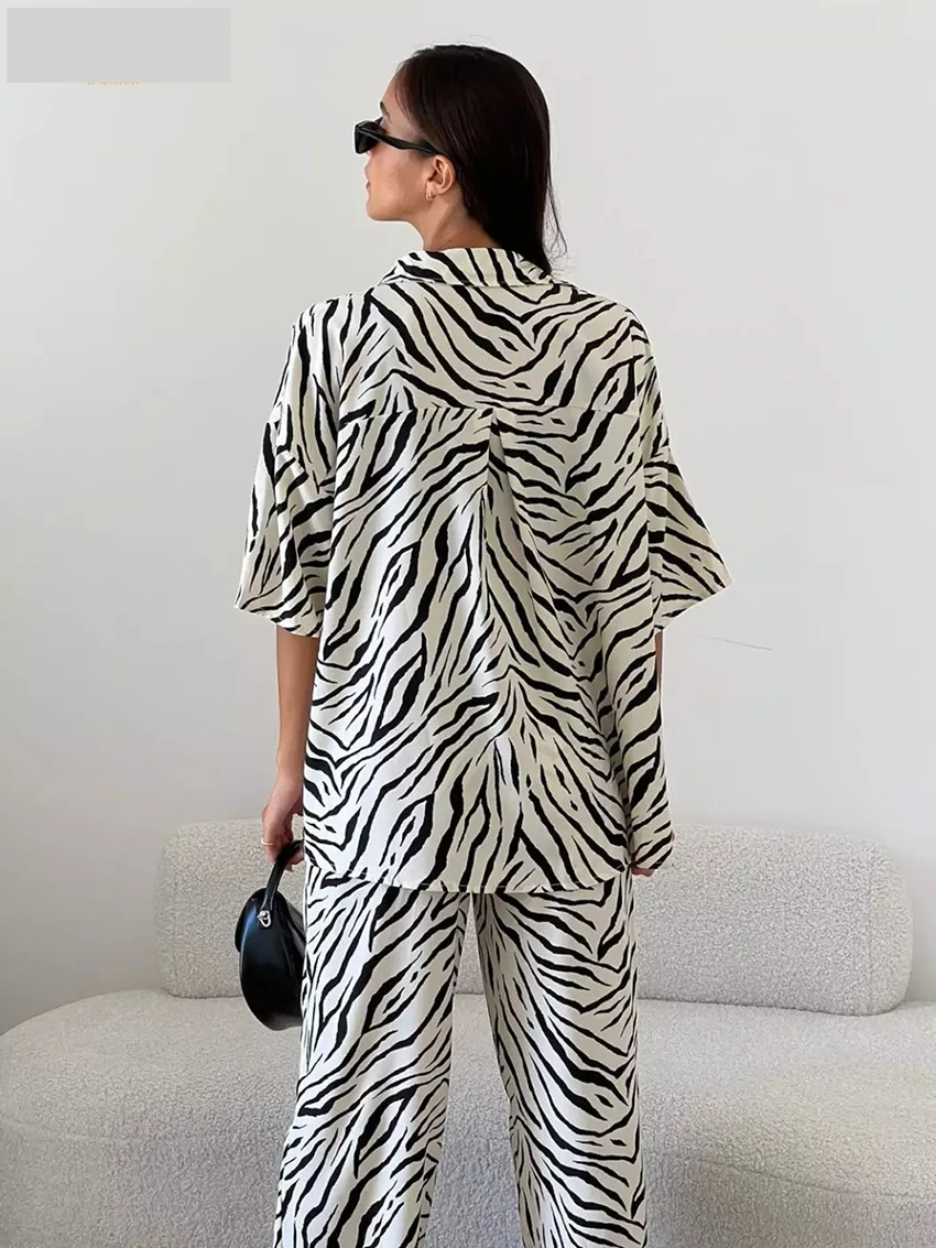 Oversized Zebra Print Short Sleeved Button Down Top and Pant Set